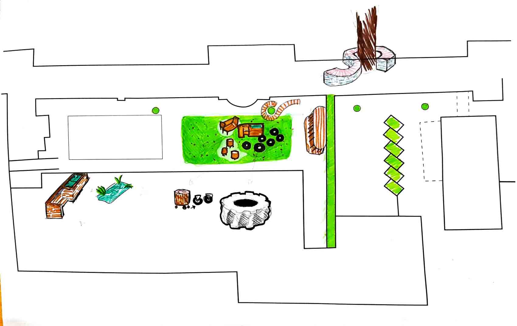 photo représentant un plan de la cour avec des croquis coloré illustrant des idées.