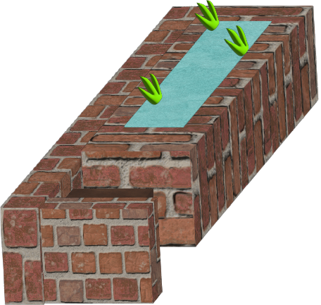 Illustration 3D d'une structure rectangulaire en brique. Un espace dans le rectangle contient de l'eau et de la verdure. Un espace pour deux personnes gère l'espace restant du rectangle.